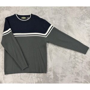 White Out Sweater Mens Large Gray Navy Striped Crewneck Knit Pullover Acrylic